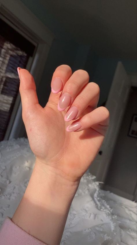 Pink French Nails Short Almond, Pick French Tip Nails, Pastel Pink Nails French Tip, Salmon French Tip Nails, Pink Acrylic Nails Tips, Light Pink Nails Prom, Light Pink Glitter French Tip Nails, Blush French Tip Nails, Almond French Tip Nails Pink