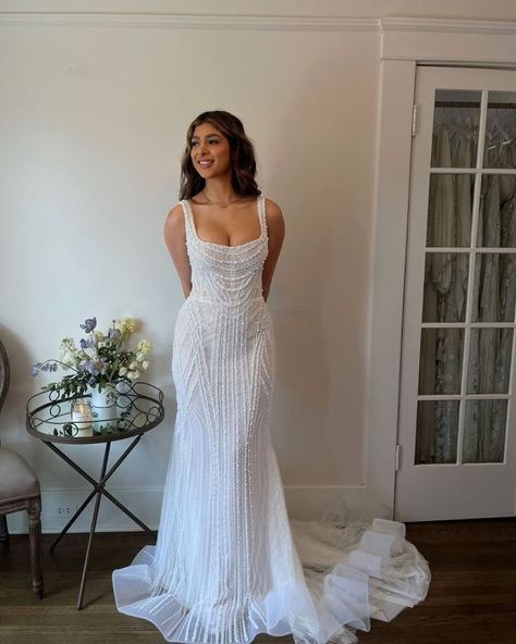 Wedding Dress Tassels, Beaded Overskirt Wedding Dress, 2 Piece Reception Outfit, Timeless Beaded Wedding Dress, Dana Harel Bridal Jolene, Wedding Dresses Pearl Straps, Fit And Flare Wedding Dress Black Women, Beaded Gown Wedding, Beaded Reception Wedding Dress