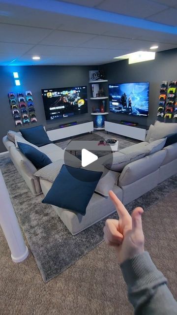 Cam & Petra McGee on Instagram: "What do you like MOST about our GAMING SETUP? 😎🎮  Obviously, I am biased, but I like the symmetry, haha.  This setup wouldn't be possible without wall mounting both of our OLED 65in TVs with @mount_it_  Long Extension TV Mount (Dual Arm Full Motion)!   The studs in our wall were a little off, so luckily, the mounts have enough horizontal adjustment for me to center the last few inches by just moving the TVs left and right a bit. It has a screw you tighten once you have it perfect, so its easy to lock in. I am super happy with it!  We'll have a link in bio to the mount! /ad  __ #Gaming #GamingParadise #PlayStation #PC #PCGaming #PlayStation4 #PS5 #GamingCommunity #mountit #InstaGaming #Setup #GamingSetup #GamingLife #GamingPC #darksouls #PlayStation5  #spi Gaming Room Tv Setup, Ps5 Setup Living Room, Ps5 Room, Gaming Area, Long Extensions, Living Room Redo, Tv Mount, Room Redo, Wall Mounted Tv