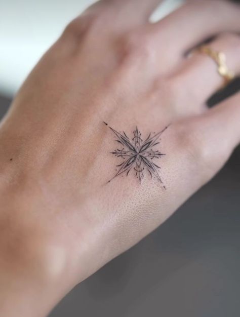 Sun Snowflake Tattoo, Fine Line Snowflake Tattoo, Winter Solstice Tattoo, Snow Flakes Tattoo, Christmas Tattoos For Women, Snow Tattoo Ideas, Winter Tattoo Ideas, Coraline Flash Tattoo, Coraline Flash