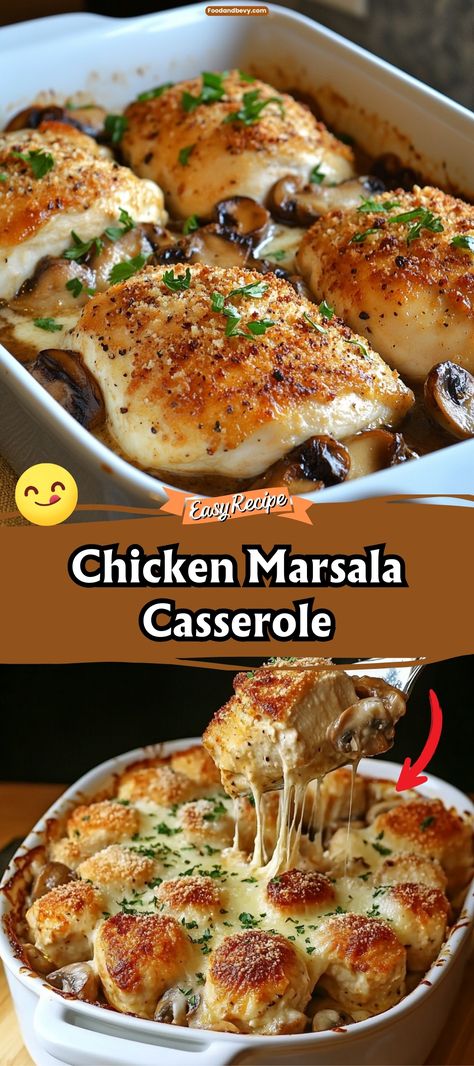 Transform a classic dish into an easy bake with Chicken Marsala Casserole. Layered with tender chicken, mushrooms, and pasta, all swimming in a rich Marsala wine sauce, this casserole is a one-dish wonder that brings the sophisticated flavors of Italy right to your table. #ChickenMarsala #CasseroleDinner #EasyMeals Chicken Marsala Bake, Italian Family Dinner Recipes, Chicken Marsala Lasagna, Chicken And Mushroom Marsala, New Year Casserole, Easy Chicken Marsala Casserole, Chicken Marsala Casserole Recipe, Chicken Marsala Easy Simple, Healthy Main Dishes For Dinner