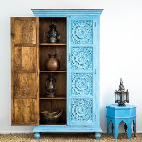 Indian Inspired Furniture, Boho Furniture Diy, Wardrobe Paint Ideas, Boho Cabinets, Indian Furniture Living Rooms, Beach Inspired Room, Indian Inspired Bedroom, Boho Inspired Bedroom, Antique Indian Furniture