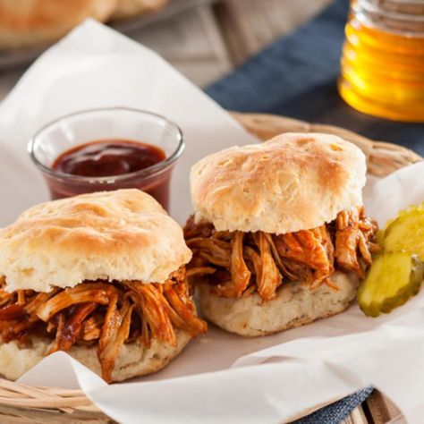 Honey BBQ Pulled Chicken on Buttermilk Biscuits | National Honey Board Sweet Bbq Chicken, Recipes Using Honey, Recipe Using Honey, Bbq Pulled Chicken, Chicken Biscuits, Honey Uses, Chicken Honey, Honey Bbq Chicken, Honey Bbq Sauce