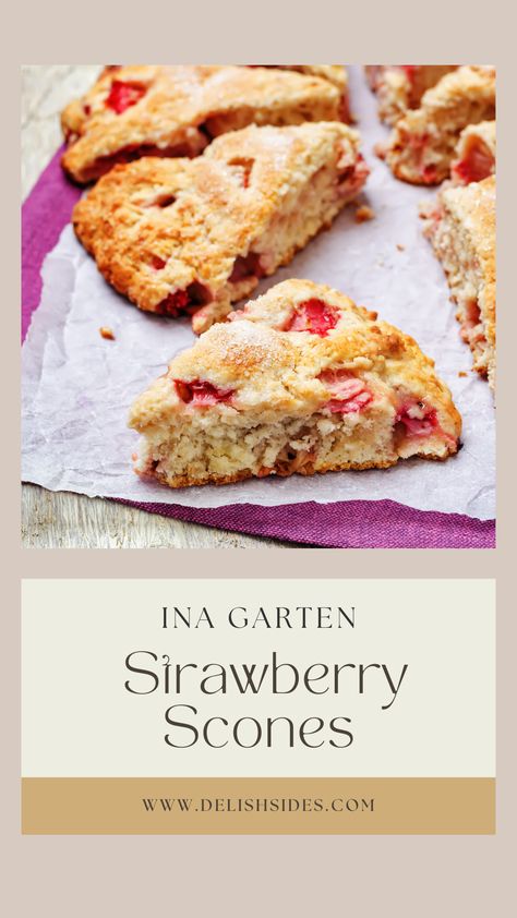 The pin features a captivating image of freshly baked strawberry scones by Ina Garten. The scones are beautifully golden brown, generously filled with chunks of juicy strawberries, and drizzled with a sweet glaze that adds an extra touch of decadence. Buttery Scones, Strawberry Scone, Best Ina Garten Recipes, Strawberry Scones, Joy Of Baking, Sweet Glaze, Ina Garten Recipes, Dried Strawberries, Sweet Delights