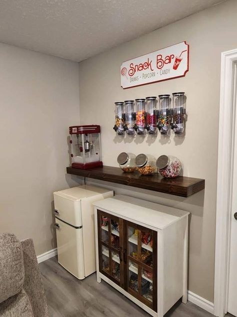 Snack Bar For Game Room, Snack Bar Room Ideas, Cute Snack Bar Ideas, Movie Snack Bar Ideas, Family Room Snack Bar, Living Room Snack Bar, Salon Suite Snack Bar, Basement Ideas Movie Room, Small Theatre Room Ideas Layout