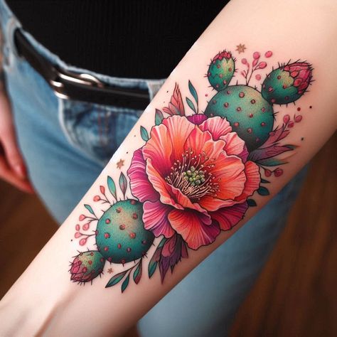 Tattoo Succulent Flower Tattoo, Cactus Tattoo With Flowers, Floral Cactus Tattoo, Saguaro Blossom Tattoo, Flower Cactus Tattoo, Cactus Blossom Tattoo, Cactus Skull Tattoo, Cactus Tattoo Sleeve Flower, Prickly Pear Tattoo