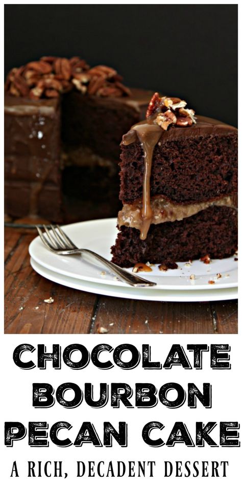 Chocolate Bourbon Pecan Cake. A rich and decadent dessert #cake #desserts #vegetarian #chocolate #bourbon Chocolate Bourbon Pecan Cake, Bourbon Cake Ideas, Chocolate Bourbon Pecan Pie Recipe, Bourbon Dinner Recipes, Pettifor Cakes, Liquor Cake Ideas, Bourbon Birthday Cake, Bourbon Pecan Cake, Bourbon Cake Recipe