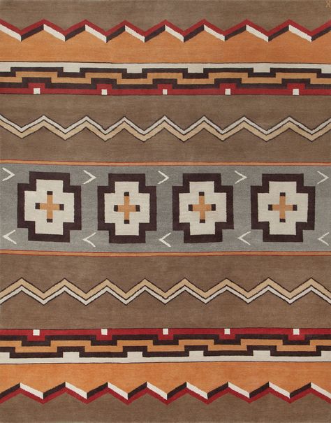 LW12L, grey/chestnut – Southwestern rugs, Luxury Lodge comes to life in this imaginative collection. Traditions of the past meet modern needs for quality, beauty and comfort in these unique and timeless designs inspired by Native American motifs from the American Southwest. Soft pile weave replaces the traditional flat weave of typical Navajo-inspired carpets, resulting in luxuriously soft, superior quality hand-woven rugs. Native American Woven Rugs, Navajo Rugs Pattern, Native American Rugs Mission Del Rey, Lodge Aesthetic, Southwest Blankets, Standard Rug Sizes, Tibetan Rugs, Southwestern Rug, Contemporary Luxury