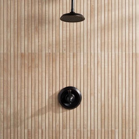 Sabine Metal Rounded Rectangle … curated on LTK Bamboo Tiles Wall, Wood Tile Design, Montgomery Ribbon Maple, Wood Accent Wall Bathroom, Slat Wall Tile, Wood Tile Shower Ideas, Kenridge Ribbon, Ribbed Tile, Apt Kitchen