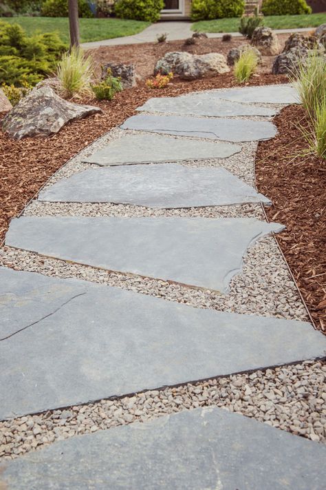 Iron Mountain Flagstone + Gravel Walkway - Modern - Landscape - Other - by Regenesis Ecological Design Bluestone Walkway, Backyards Ideas, Flagstone Pathway, Gravel Walkway, Stepping Stone Walkways, Stepping Stone Paths, Flagstone Walkway, Steel Edging, Flagstone Path