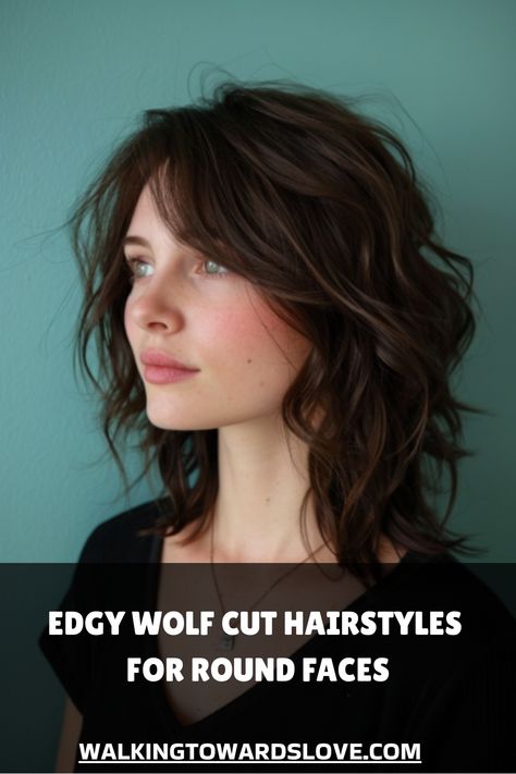 Edgy wolf cut hairstyle for a woman with a round face. Text reads, "Edgy Wolf Cut Hairstyles for Round Faces. walkingtowardslove.com". Wolf Haircut Medium Hair, Wolf Haircut Fine Hair, Style A Wolf Haircut, Wolf Cut For Round Face Shape, Wolf Cut Hair No Bangs, Wolf Cut With Long Bangs, Edgy Wolf Cut Hair, Wolf Cut Women Medium, Soft Wolf Cut Hair Medium