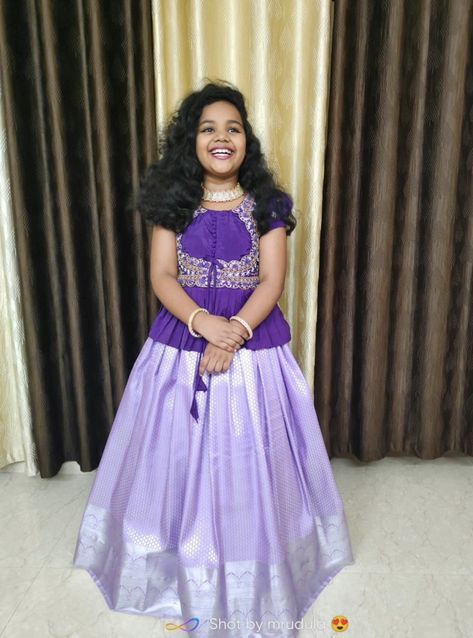 Purple Combination Lehenga, Lavender Lehanga Combinations, Pattu Lehenga For Kids, Traditional Baby Dresses, Long Frocks For Kids, Baby Lehenga, Maggam Designs, Cotton Frocks For Kids, Pattu Pavadai