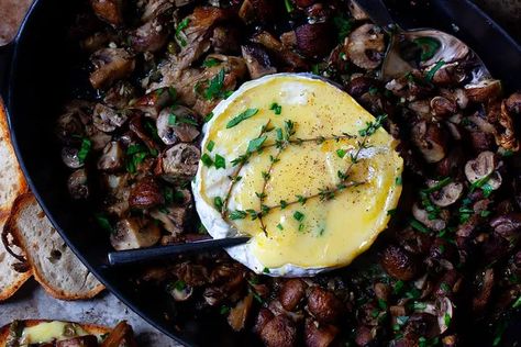 baked brie with garlic butter mushrooms – smitten kitchen Baked Brie With Garlic, Butter Mushrooms, Garlic Butter Mushrooms, Mushroom Casserole, Walnut Pesto, Potato Bites, Roasted Mushrooms, Smitten Kitchen, Baked Brie