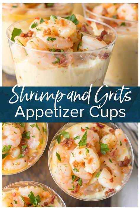 These Shrimp and Grits Appetizer Cups are so cute, delicious, EASY, and fun. I love the creamy cheese grits topped with the most flavorful Garlic Butter Shrimp. This is the best EASY Shrimp and Grits Recipe that you can make for a main course, or split into individual small cups for deceptively simple yet elevated app. #shrimpandgrits #seafood #garlicbutter #shrimp #cheesegrits #gameday #thecookierookie via @beckygallhardin Shrimp And Grits Appetizer, Grits Appetizer, Food Recipes Shrimp, Creamy Cheese Grits, Easy Shrimp And Grits, Appetizer Cups, Shrimp N Grits Recipe, Recipes Shrimp, Grits Recipe