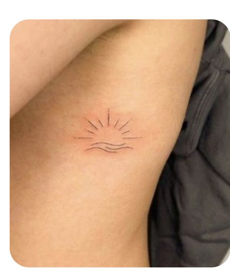 Sunrise With Waves Tattoo, Sunset At Beach Tattoo, Minimalistic Arm Tattoos For Women, Sunset Ocean Tattoo Minimalist, Dainty Sunrise Tattoo, Sun Ribcage Tattoo, Sun And Water Tattoo Simple, Beachy Fine Line Tattoos, Sunset Water Tattoo