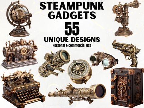 Cool steampunk gadgets featuring vintage technology in digital art drawing print style. Scrapbooking, Junk Journals and other projects. Steampunk Clipart, Steampunk Images, Steampunk Tattoo, Steampunk Gadgets, Vintage Technology, Steampunk Crafts, Fantasy Wardrobe, Concept Ships, Art Fantasy