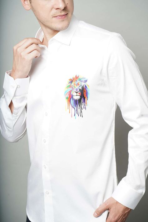 Lion Painting, Aza Fashion, Shirt Online, Cotton Shirt, Chef's Jackets, Lion, Lab Coat, Fashion Dresses, Mens Shirts