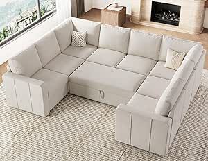 Belffin Sectional Sleeper Couch with Pull Out Bed Velvet Oversized U Shaped Modular Sectional Sofa Bed Beige Sofa With Pull Out Bed, Loft Aesthetic, Oversized Sectional, Comfortable Sofa Bed, Sleeper Couch, Pull Out Couch, Beige Bed, Sleeping Room, Sectional Sleeper Sofa