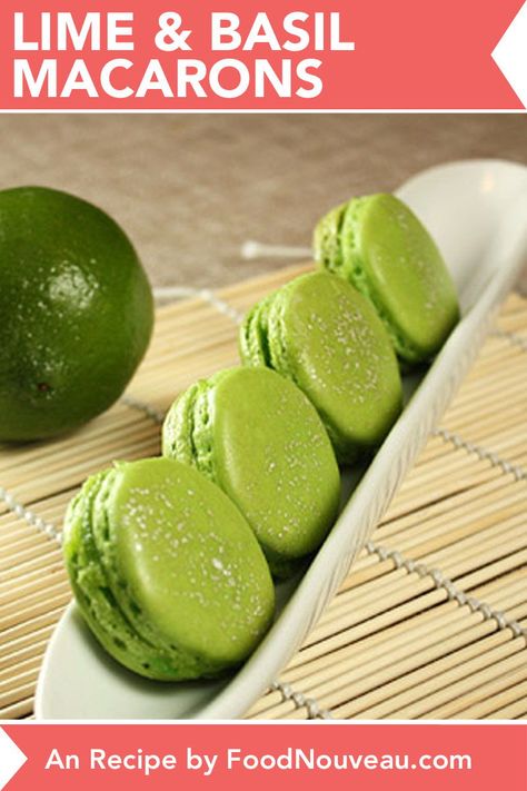 Basil Macarons, Classy Cookies, Macaron Recipes, Macaron Filling, Macaroon Cookies, How To Make Macarons, Lime Basil, French Macaroons, Macaroon Recipes