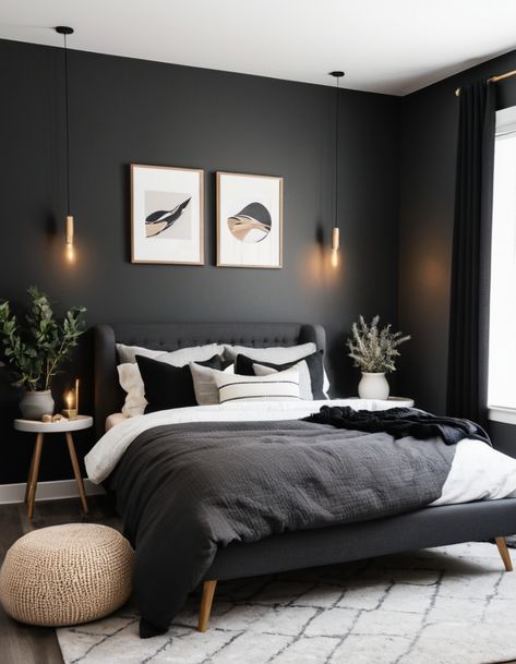 Dark Grey Feature Wall Bedroom, Black White And Gray Bedroom, Gray Black And White Bedroom, Gray And Black Bedroom Ideas, Light Grey Walls Bedroom, Black White And Grey Bedroom Ideas, Modern Luxe Bedroom, White Grey Bedroom, Dark Grey Feature Wall