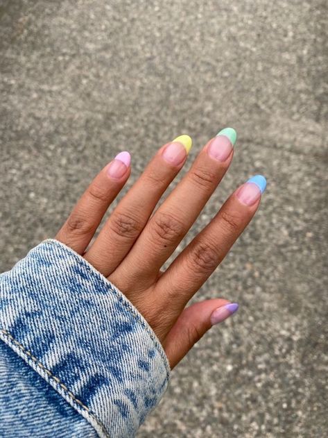 Easter Pastel French Tip Nails, Spring Tips Nails, Colorful Nails Acrylic Almond, Rainbow Pastel French Tip Nails, Pastel French Nails Almond, Pastel Nail Almond, Short Almond Rainbow Nails, Almond Nails Colorful Tips, Pastel Rainbow Tip Nails