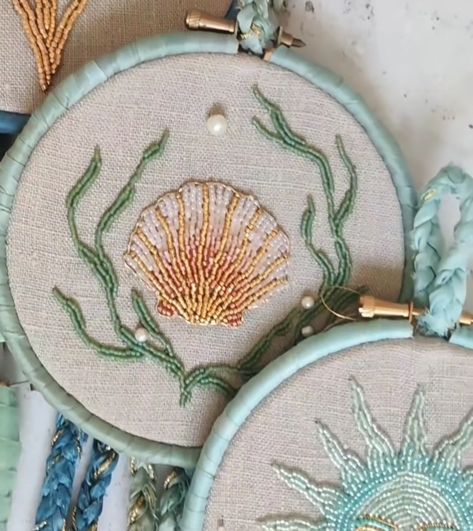 Coastal Embroidery, Seashells Embroidery Designs, Water Embroidery, Seashell Embroidery, Ocean Embroidery, Embroidered Shell, Ship Embroidery, Shell Embroidery, Beach Embroidery