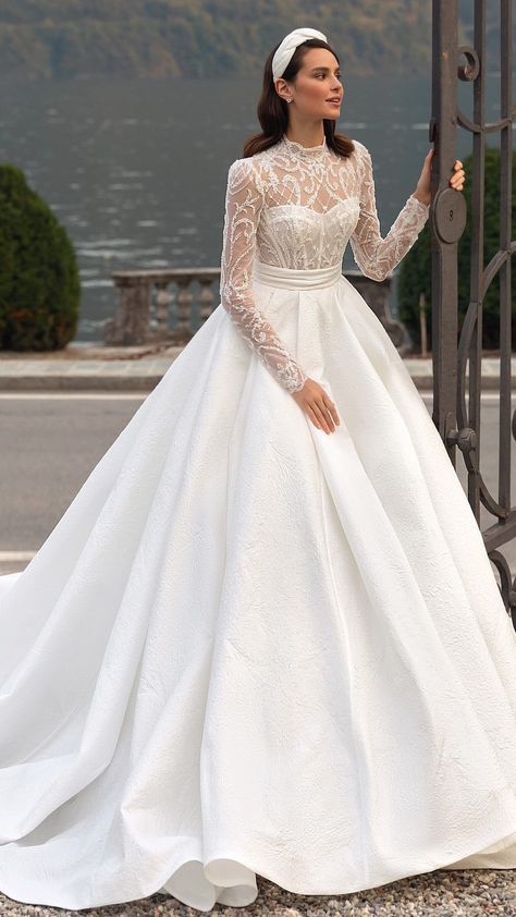 Wedding Dresses Lace High Neck Long Sleeve, High Neckline Ballgown Wedding Dress, Bridal Gown 2023, Ball Gowns Bridal, Royal Wedding Dresses England, 2023 Bridal Gowns With Sleeves, Wedding Gowns With Long Sleeves, Wedding Dress Up, Long Sleeved High Neck Wedding Dress