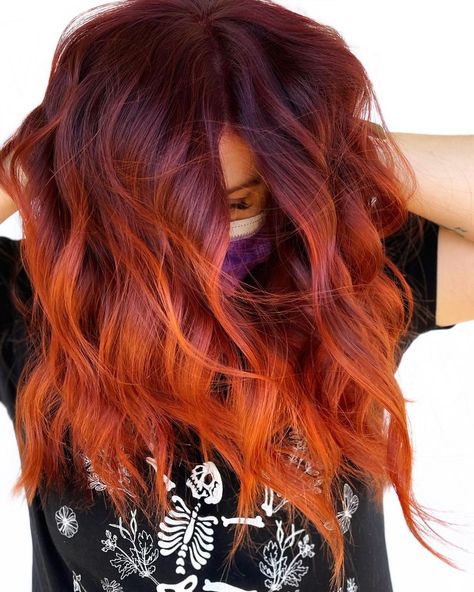 Red And Orange Shag Hair, Trendy Red Hair Color, Dark Red To Light Red Ombre, Red Melt Hair Color, Red Into Orange Hair, Burnt Orange Ombre Hair, Red Ombre Hair With Bangs, Dark And Orange Hair, Fall Hair Colors Ombre