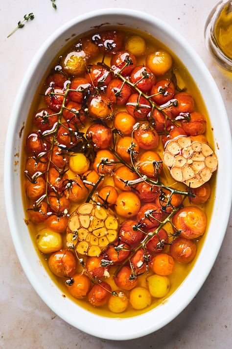 Cherry Tomato Confit | Olive & Mango Confit Cherry Tomatoes, Tomatoes Confit, Cherry Tomato Appetizers, Stuffed Cherry Tomatoes, Cherry Tomato Confit, Tomatoes In Olive Oil, Tomato Appetizers, Tomato Confit, Confit Recipes