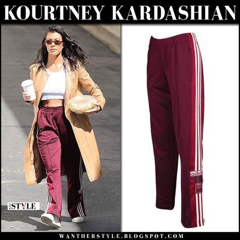 Kourtney Kardashian in burgundy track pants camel coat #streetstyle #adidas Maroon Track Pants Outfit, Burgundy Sweatpants Outfit, Adibreak Pants Outfit, Nike Red Athleisure Pants, Red Sporty Jogging Pants, Burgundy Sweatpants, Compressive Red Sporty Pants, Track Pants Outfit, Sweatpants Outfit