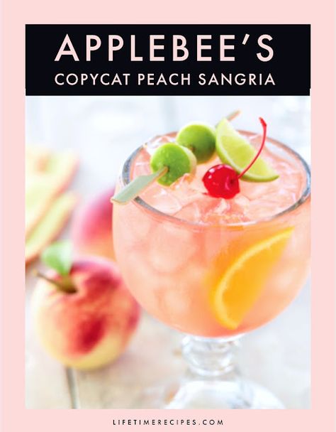 Lifetime Recipes: Applebee’s Copycat Peach Sangria…My Favorite! Applebees Peach Sangria Recipe, Applebees White Peach Sangria Recipe, Applebees Cocktail Recipes, Applebees Sangria, Peach Sangria Recipes Easy, White Sangria Recipe Peach, Peach Sangria With Peach Schnapps, Peach Sangria Moscato, White Peach Sangria Recipe