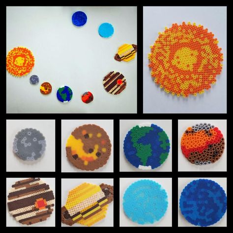 Our perler bead 4th grade homeschool science project! Perler Bead Planet Patterns, Planet Perler Bead Patterns, Planet Perler Beads, Science Perler Beads, Perler Beads Space, Perler Beads Planets, Space Perler Beads, Space Perler Bead Patterns, Perler Bead Planet