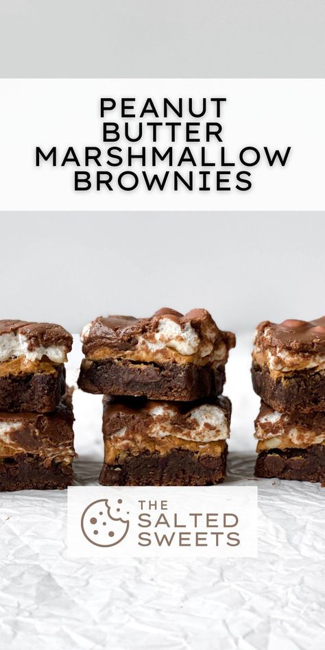 These peanut butter marshmallow brownies are a thick brownie topped with peanut butter, gooey marshmallows and a sweet chocolate frosting. The ultimate dessert. Peanut Butter Marshmallow Brownies, Peanut Butter Mississippi Mud Brownies, Fluffernutter Brownies, Marshmallow Dessert Recipes, Peanut Butter Marshmallow Squares, Peanut Butter Smores, Marshmallow Brownies, Marshmallow Desserts, Marshmallow Bars