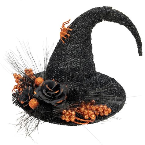 "Find 16\" Black Tinsel Witch's Hat with Orange Glittered Roses Halloween Decoration at Michaels. com. Add an elegant touch to your holiday décor with this unique witch's hat decoration. Add an elegant touch to your holiday decor with this unique witch's hat decoration. The sparkly tinsel hat is embellished with glittery gold roses berries and a spider. This whimsical yet classy piece is perfect for the curated home. Ideal for mantles and tables. Details: Black 16\" x 15\" x 14\" Black tinsel wi Witches Night Out, Skeleton Wreath, Black Witch Hat, Holiday Hack, Mesh Wreath Diy, Curated Home, Holiday Hats, Hat Decoration, Halloween Artwork