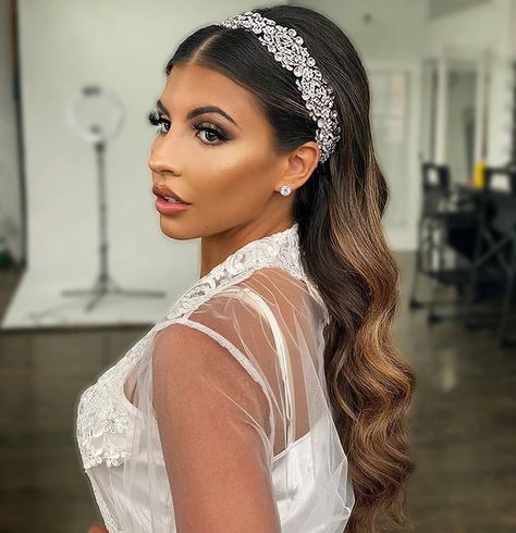 Jlc Family, Crystal Hair Band, Face Framing Bangs, Bridal Styles, Wedding Day Makeup, Hair Jewels, Bride Headpiece, Glam Makeup Look, Wedding Hair Inspiration