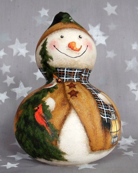 Woodland Friends, Snowman, raccoons, deer, hand painted gourd art, 9” tall x 6 1/5” diameter Paint A Snowman, Drawing Suggestions, Painting Gourds, Christmas Gourds, Snowman Gourds, Birdhouse Gourds, Gourd Ideas, Old Lanterns, Gourds Birdhouse