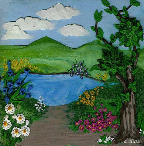 Miniature one of a kind polymer clay landscape by Angee Chase. 3 3/4" x 4 1/4" - No paint used - Lovely! Clay Landscape, Clay Painting, Polymer Clay Painting, Summer Art Projects, Clay Wall Art, Clay Paint, Polymer Clay Canes, Spring Painting, Art N Craft