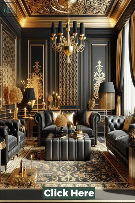 Black And Gold Room Ideas, Gold Room Ideas, Black And Gold Room, Gold Room, Gold Rooms, Gold Home Decor, Color Complement, Black Walls, Bold Black