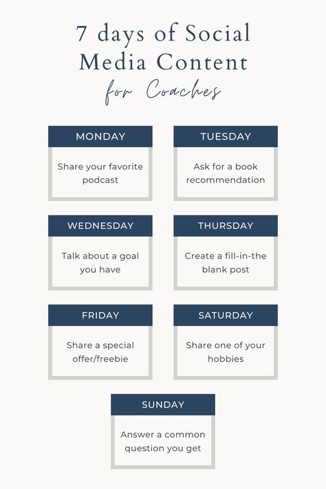 Here's a week worth of content you can steal for your social media! Follow for more social media marketing tips! Coaching sales funnel / coaching brand / content marketing Coaching Brand, Social Media Workshop, Social Media Content Ideas, Social Media Marketing Tips, Sports Therapy, Social Media Content Calendar, Workbook Template, Online Calendar, Media Planner