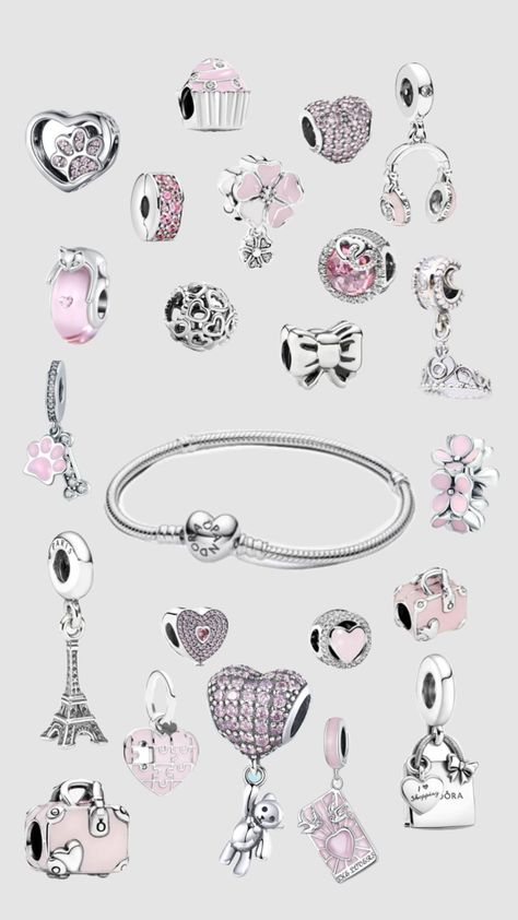 #viral #miss_sterre Pandora Bracelet Charms Ideas Pink, Aesthetic Pandora Bracelet, Charmbracelet Era, Pandora Charm Bracelet Pink And Silver, Pandora Charms Pink, Pandora Wishlist, Pandora Pjnk And Gold Charm Bracelet, Pandora Bracelet Charms Ideas, Xoxo Jewelry