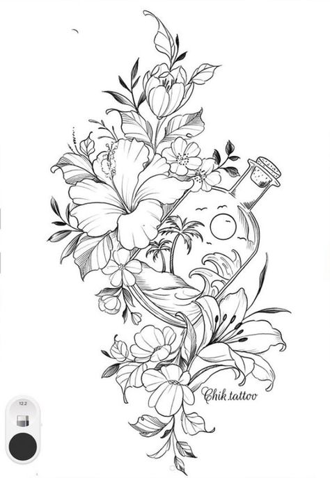 Tropisches Tattoo, Front Thigh Tattoos, Ocean Sleeve Tattoos, 16 Tattoo, Catrina Tattoo, Tattoos For Women Half Sleeve, Floral Tattoo Sleeve, Beach Tattoo, Forearm Tattoo Women