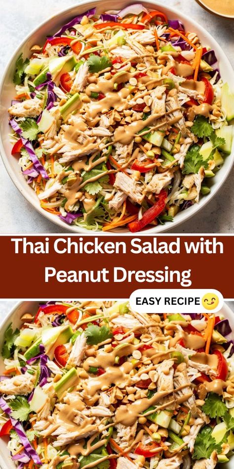 Try this Thai Chicken Salad with Peanut Dressing for a refreshing and flavorful meal! Packed with shredded chicken, fresh veggies, and a creamy peanut dressing, this salad is both healthy and satisfying. Perfect for lunch Asian Salad With Peanut Dressing, Thai Chicken Salad With Peanut Dressing, Peanut Salad Dressing, Chicken Salad With Peanut Dressing, Thai Peanut Dressing, Creamy Chicken Spinach Pasta, Thai Peanut Salad, Spinach Tomato Pasta, Salad With Peanut Dressing