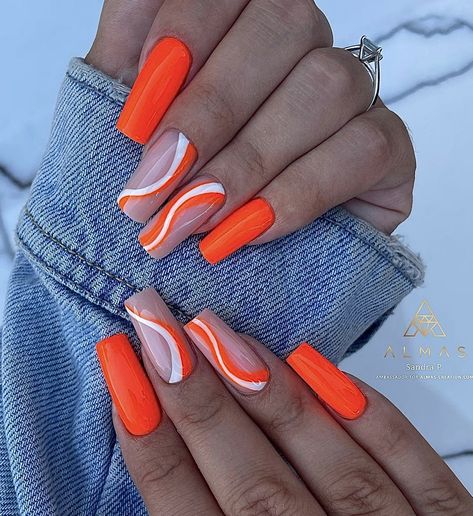 Orange White Black Nails, Pink Summer Nails Designs, Almond Acrylic Nails Long, Acrylic Nails For Work, Cuba Nails, Nails Coffin Design, Nails Pink Summer, Beautiful Acrylic Nails, Nails For Work