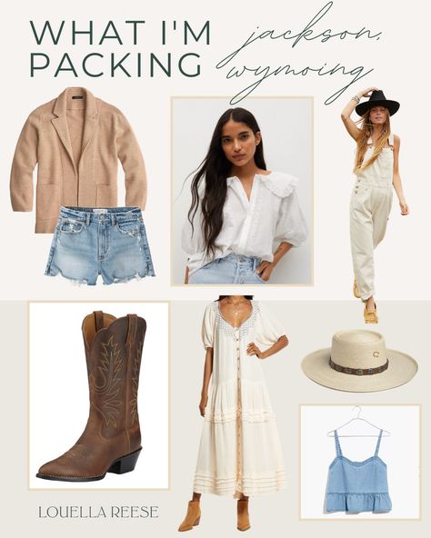 Headed to Jackson Hole Wyoming in the summer? Click through for a Jackson Hole Wyoming packing list including the top three must have items. Wyoming Packing List Fall, Wyoming Style Women, Wyoming Travel Outfit, Jackson Hole Fashion, Wyoming Vacation Outfits, Jacksonhole Wyoming Summer, Outfits For Yellowstone Summer, Wyoming Outfit Spring, Jackson Hole Wyoming Spring Outfits