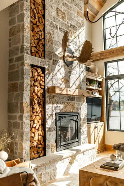 Stone Fireplace With Seating Ledge, Mountain Stone Fireplace, Mountain Fireplace Ideas, Stone Fireplace With Wood Storage, Rock Wall Interior Living Room, Fireplace Design Ideas Stone, Round Stone Fireplace, Chimney Styles, Stone Wall With Fireplace