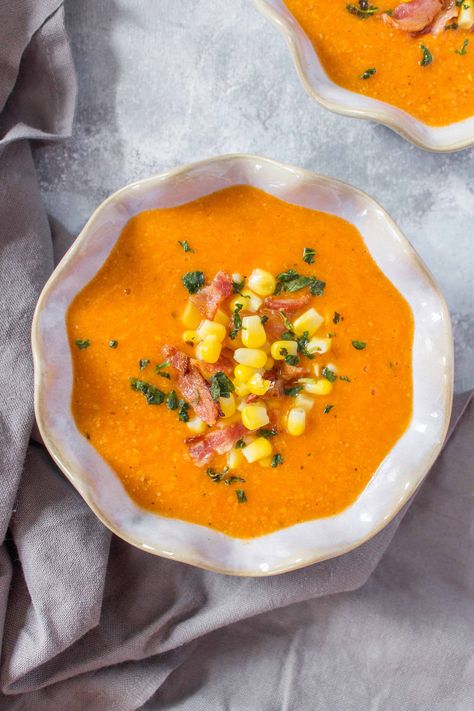 This smoky roasted corn and tomato soup is packed full of multiple layers of flavours. You're never going to want to go back to canned tomato soup after trying this delicious smoky homemade version. Heart Soup, Corn And Tomato, Corn Cheese, Canned Tomato Soup, Corn Soup, Soup For The Soul, Delicious Soup Recipes, Roasted Tomato, Roasted Corn