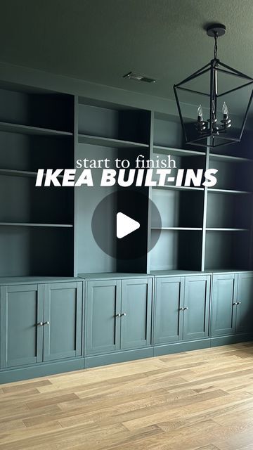 Tori || home design + decor on Instagram: "The IKEA built-in hack that I wish we knew sooner!! 🔨 🙌  FAQ We used the IKEA Havsta cabinets for lowers and Billy bookcases for uppers. This combo allowed the shelves to go to the ceiling (we have 9ft. ceilings so we had to cut them down about 9in).   Next we added a connecting shelf with plywood and lattice trim.  After caulking and using spackle to fill the miiiillions of holes, I sanded and primed the cabinets for paint.   I love this moody green paint! 1905 Green by Magnolia Home (I got it from Ace Hardware)  The last thing we did is seal the cabinets so the paint doesn’t chip!  🤍 Follow @loveletters_home for easy DIYs + favorite home finds + home styling ideas!  #diyhome #homeprojects #homediyproject #builtins #homediy #diytips #homeimpro Ikea Havsta Office Hack, Ikea Billy Bookcase Styling, Billie Bookcase Built In, Ikea Billy Bookcase Hack Built Ins Tv Fireplace, Ikea Faux Built In, Built In Bookcase With Cabinets, Built In Shelf Colors, Built In Bookshelves Billy, Ikea Hack Havsta