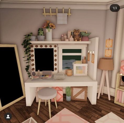 Bloxburg Desk Area Ideas, Roblox Club Roblox Room Ideas, Cute Rooms Bloxburg, Bloxburg Room Ideas 4x4, Blocksburg Vanity Ideas, Summer Family Home Bloxburg, Shelf Bloxburg Ideas, Bloxburg Makeup Room Ideas, Boo Burg Layout