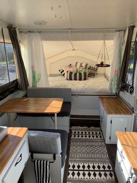 Mini Camper Decorating Ideas, Pop Out Caravan Renovation, Camper Curtain Ideas Farmhouse, Tent Camper Remodel, Easy Pop Up Camper Remodel, Pop Top Camper Renovations, Pop Up Caravan Makeover, Modern Pop Up Camper, Small Camper Set Up