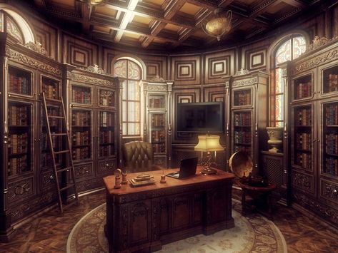 Steampunk office | Steampunk/Gothic office | For the Home | Pinterest Gothic Study, Steampunk Interior Design, Steampunk Office, Gothic Office, Steampunk Bedroom, Gothic Interior Design, Steampunk Interior, Steampunk Home Decor, Rendering Interior